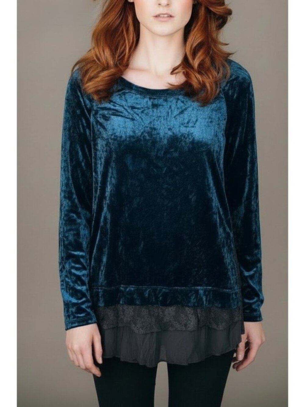 Karen Kane Teal Crushed Velvet Tunic Witchy Goth Lace Hem Long Sleeve Top Size L